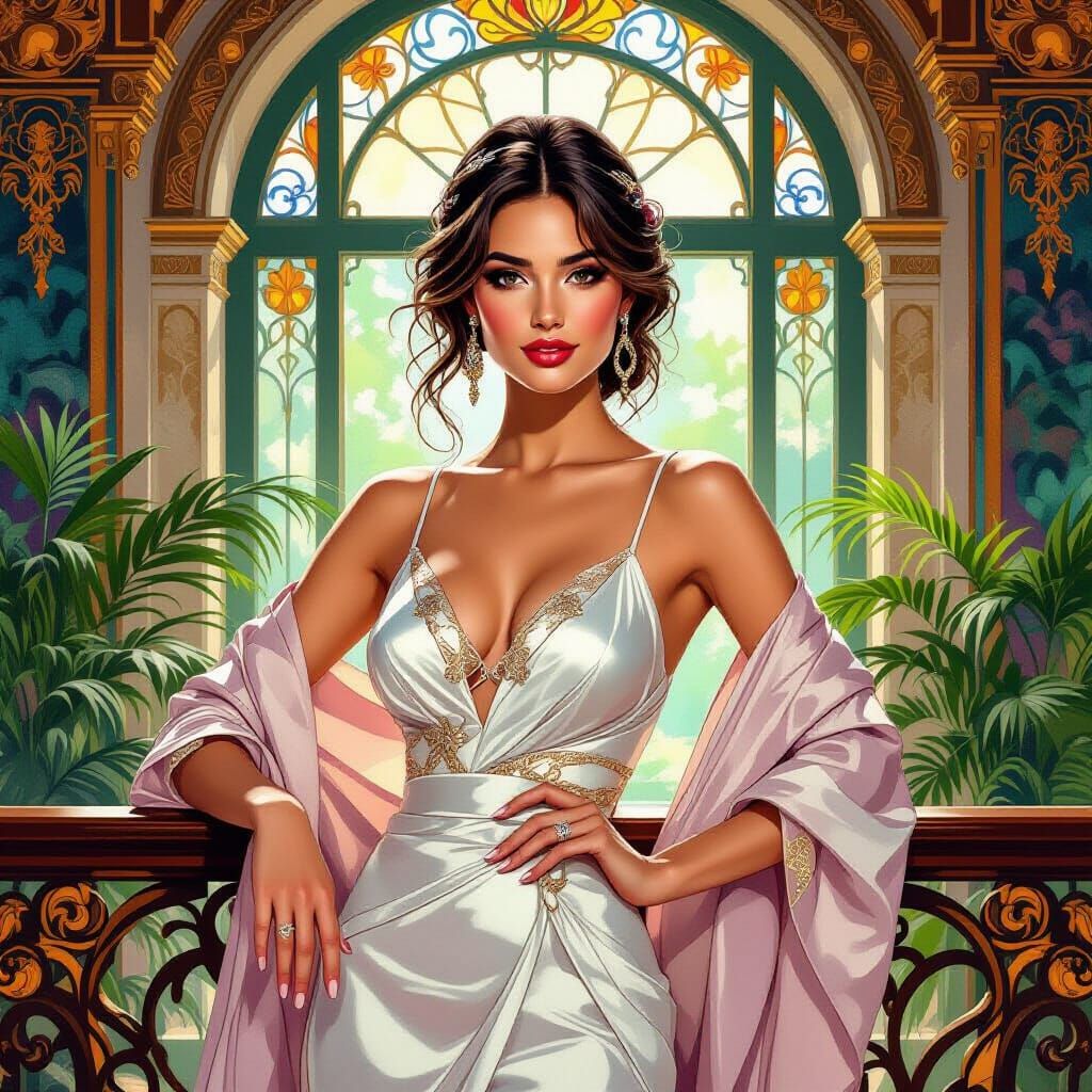 Elegant Woman in Luxurious Interior, Art Nouveau Digital Pai...