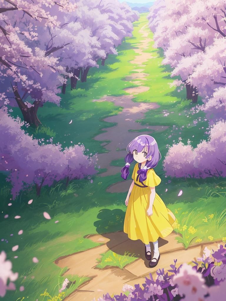 Woman in Cherry Blossom Grove, Anime Style