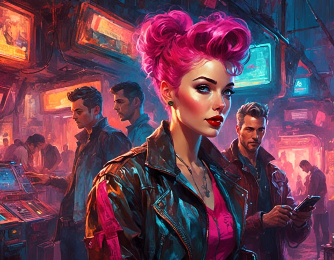 Neon Cyberpunk Jessie in Watercolor Rockabilly Style