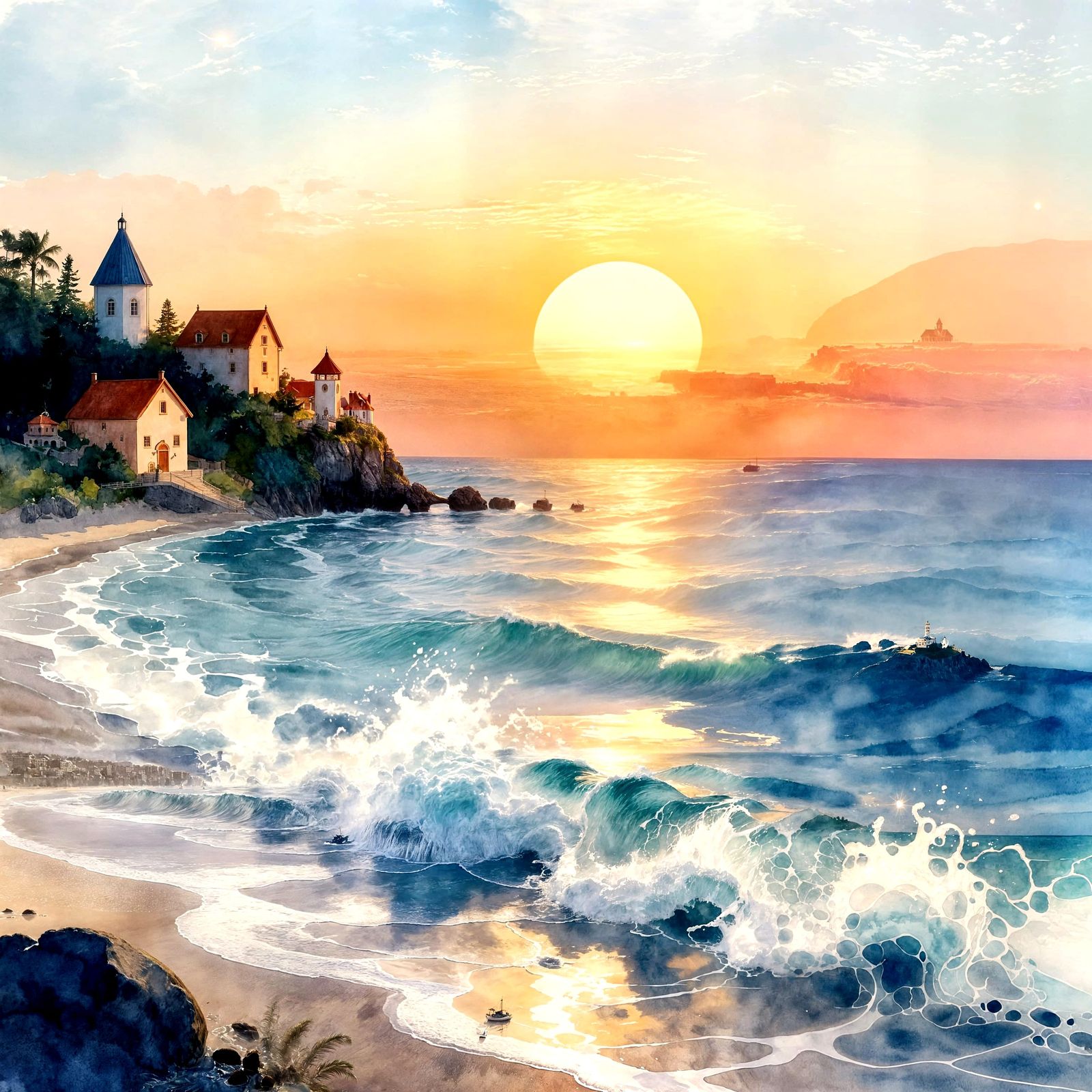 Vibrant Watercolor Sunrise Over Calm Sea with Waves