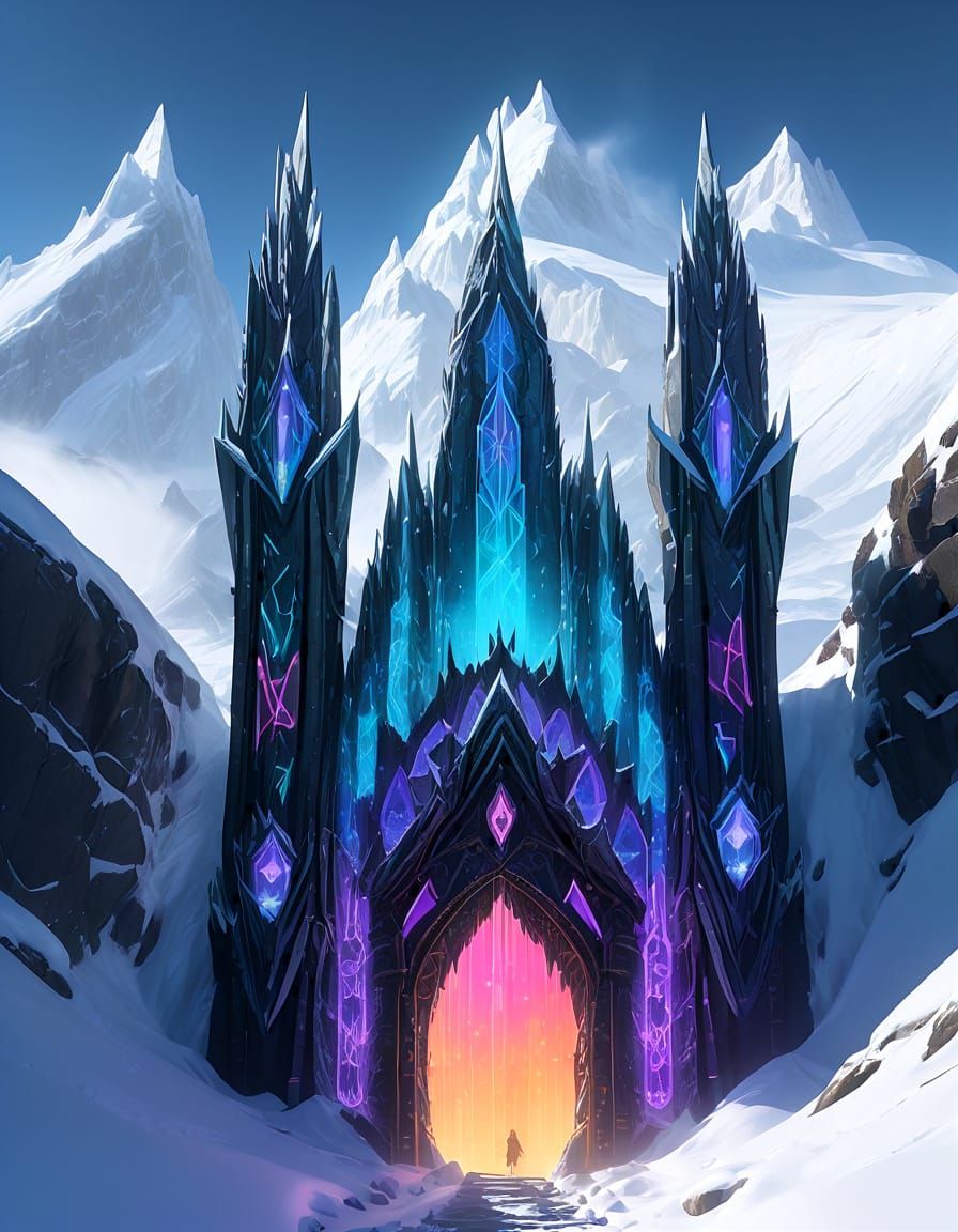 Ornate Gothic Doors on Snowy Mountain Cliff
