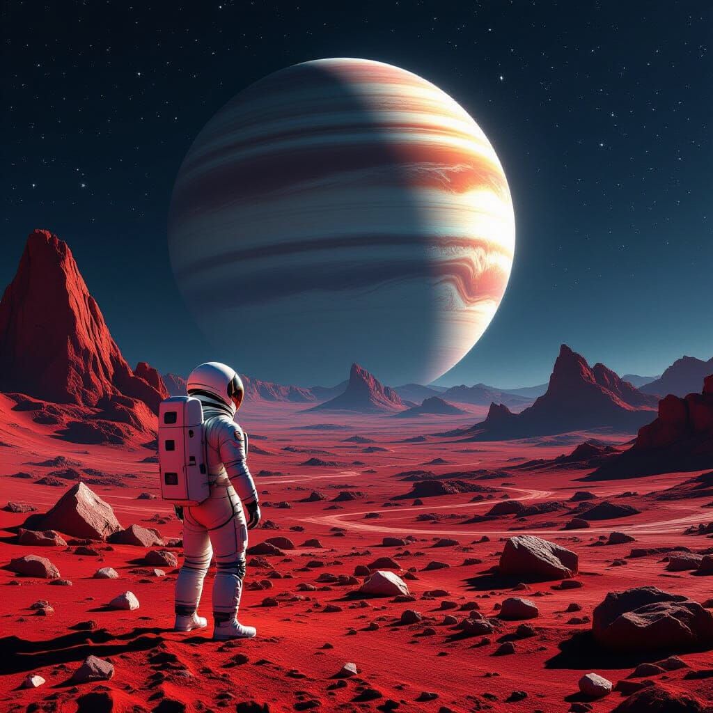Astronaut Gazes at Ringed Planet on Crimson World