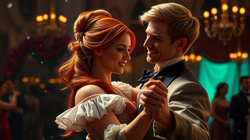 Victorian Era Couple Dances in a Fantastical Ballroom