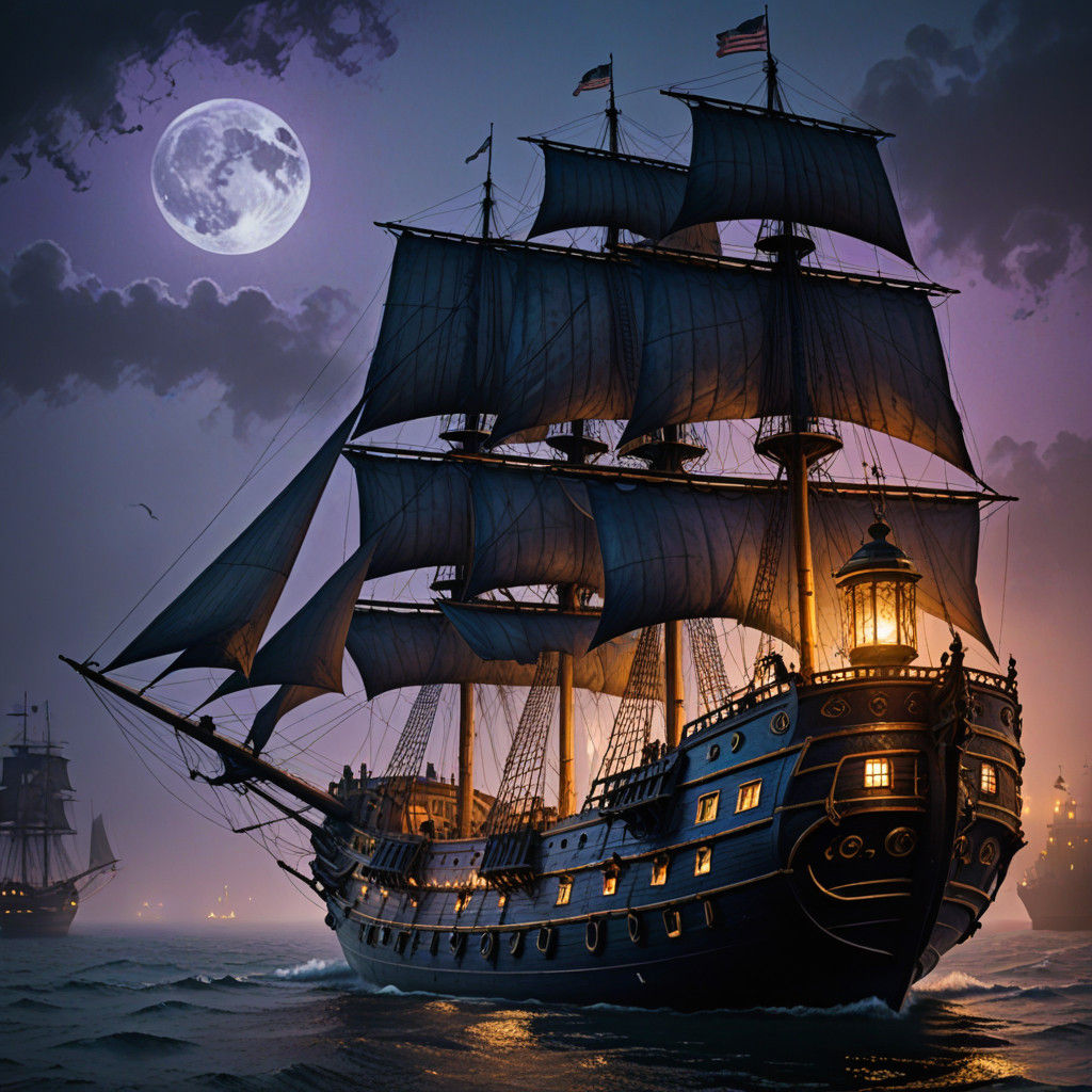 Dark Mystic Sailing Ship in Moonlit Waters