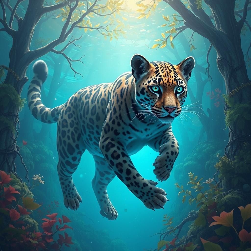 Clouded Leopard Swimming Underwater in Fantasy Art