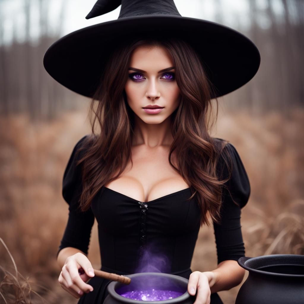 Brown-Haired Witch Brewing Potion in Cauldron