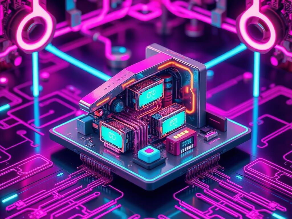 Cyborg CPU and GPU System on a Chip in Neon-Lit Retro Futuri...