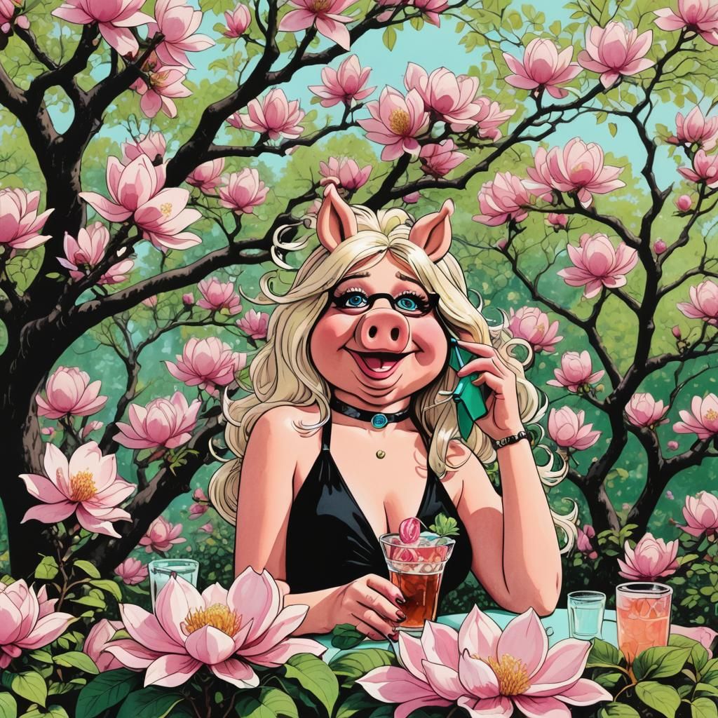 Miss Piggy Sunbathing Under Magnolia Tree in Ink Style