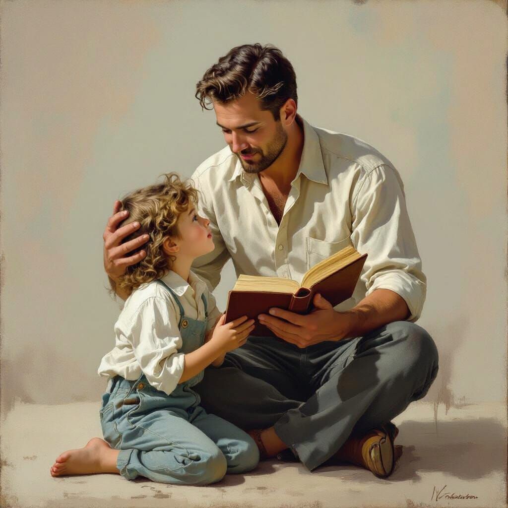 Man Reads Bible to Child in Rockwell Style