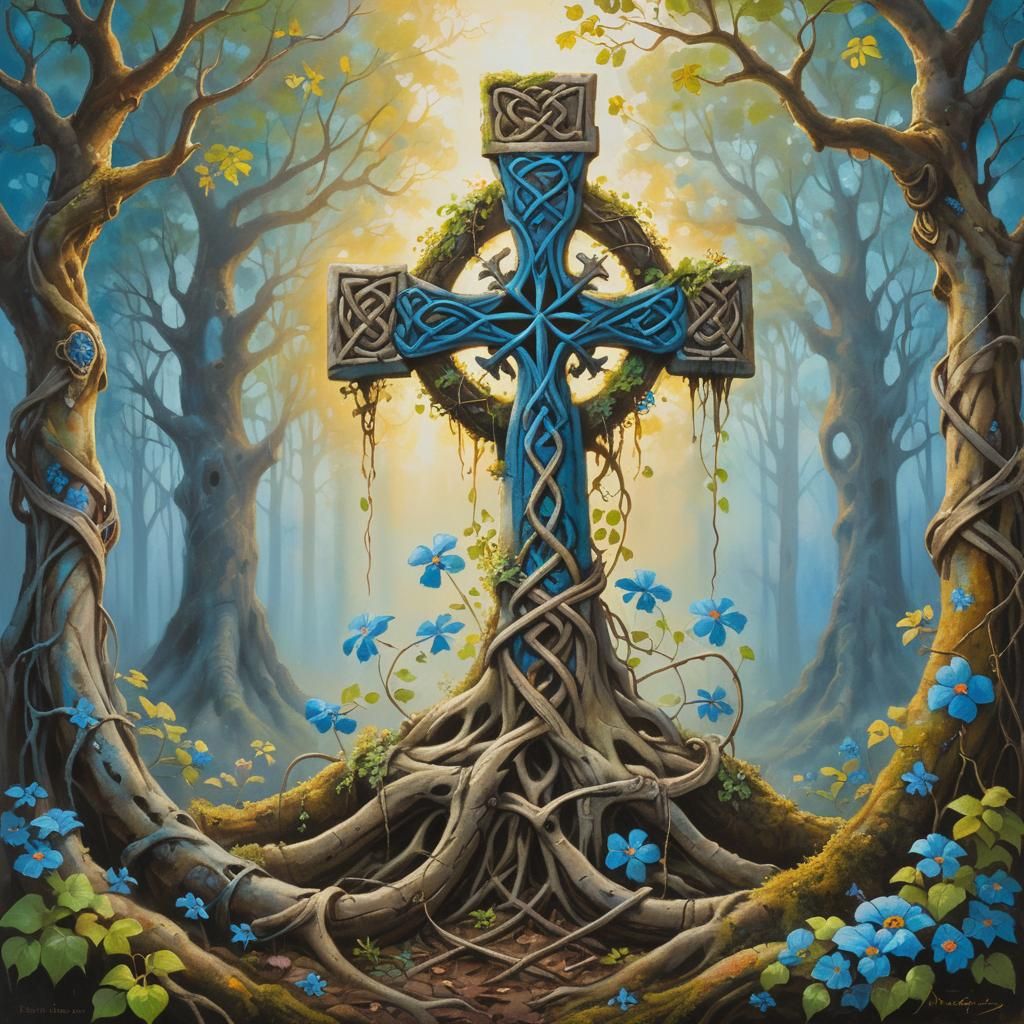 old wooden Celtic Cross with intricate patterns and carving