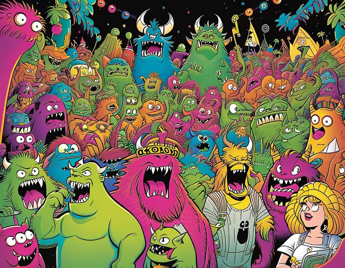Crowded Monster Beach Party in Comic Book Style