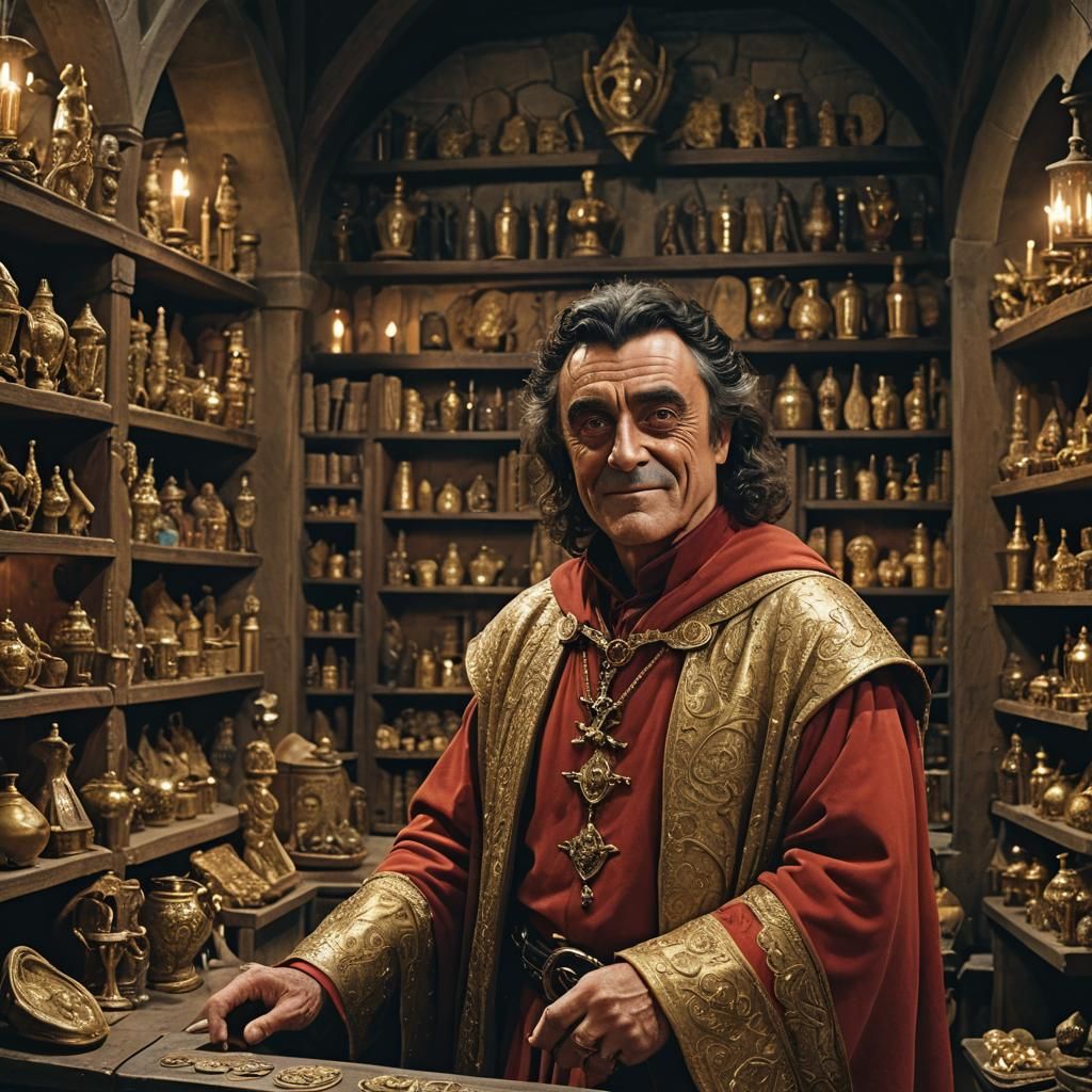 Smiling Antiques Collector in Red and Gold Robes