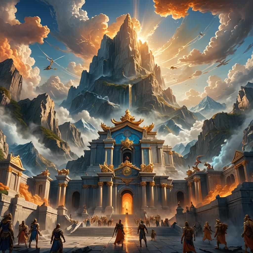 Mount Olympus with Gods in Art Nouveau Style