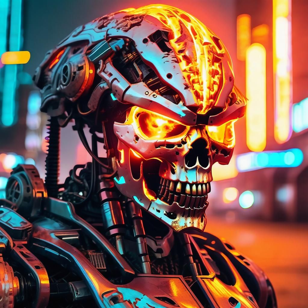 Futuristic Flaming Skull in Ruined Neon City
