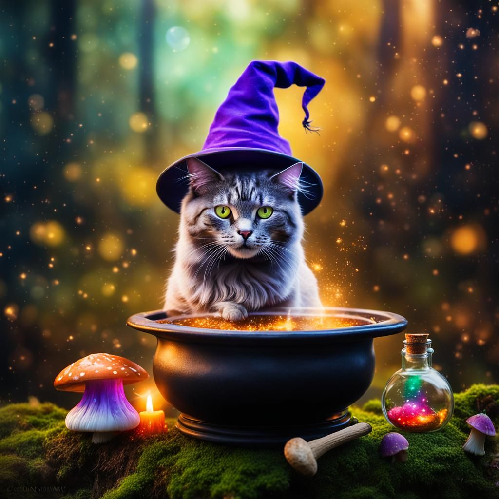 Magical Cat Wizard in Primeval Forest Scene