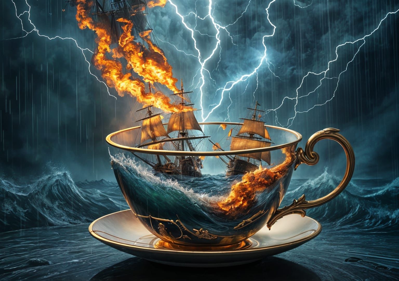 Naval Battle in Teacup: Cosmic Mixed Media Illustration