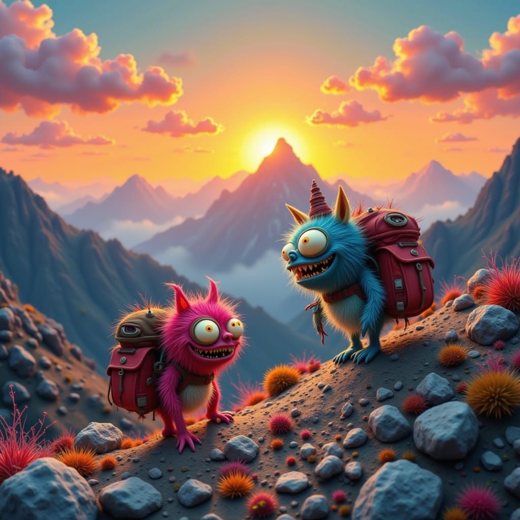 Two Monsters Hike Mountains at Sunset in Whimsical Style