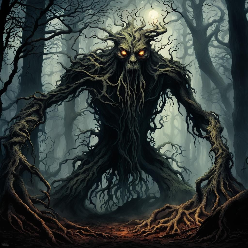 Dark Fantasy Creature Emerges from Forest