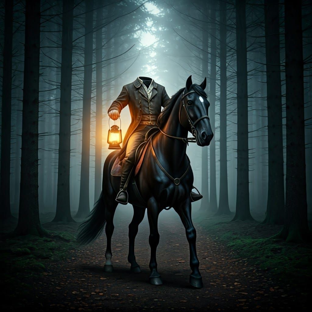 Headless Horseman Rides Through Dark Forest with Lantern