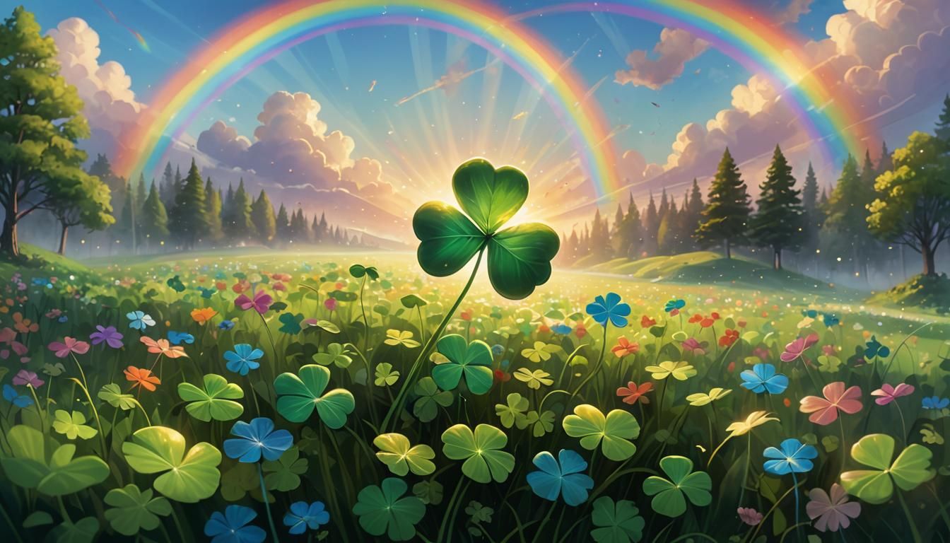 Luminous Four-Leaf Clover with Rainbow, Digital Art