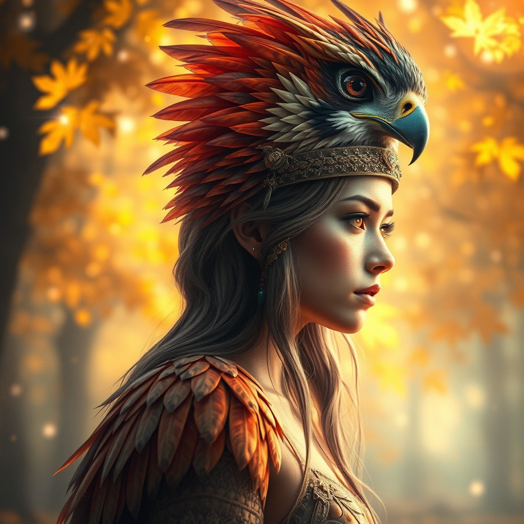 Ethereal Woman in Falcon Headdress in Enchanted Forest