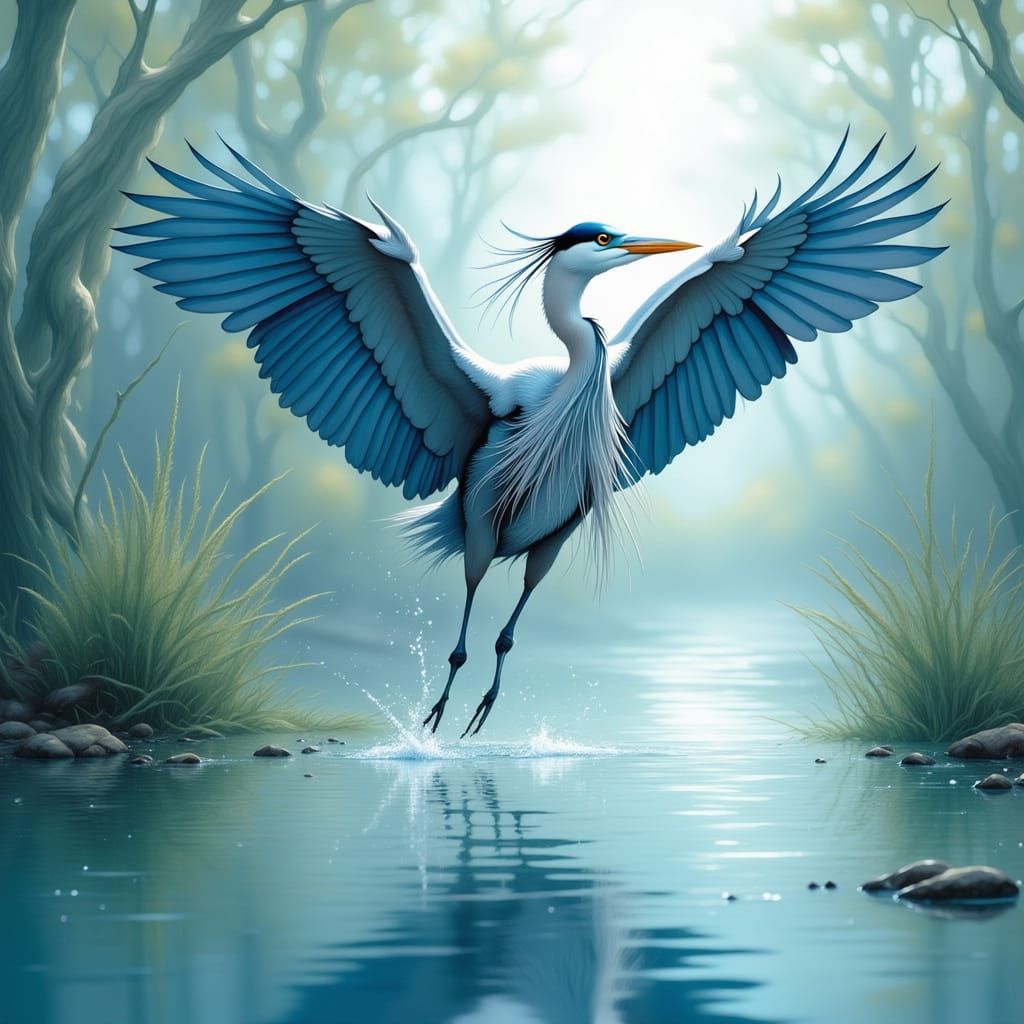 Majestic Great Blue Heron in Flight over Serene Wetlands