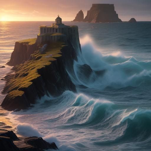 Turbulent Sunset: Dark Fantasy Art Nouveau Seascape