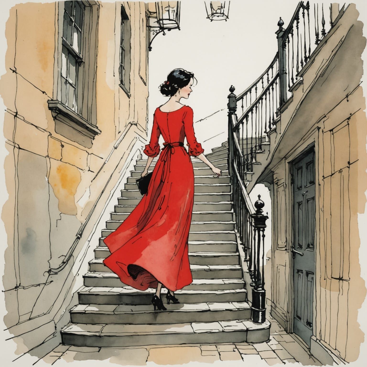 Woman in Red Gown Descends Stairs in Sketchy Style
