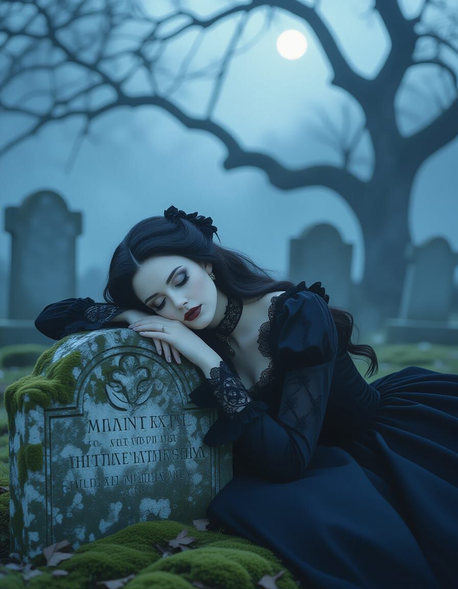 Photorealistic Goth Woman Sleeping on Gravestone in Twilight...