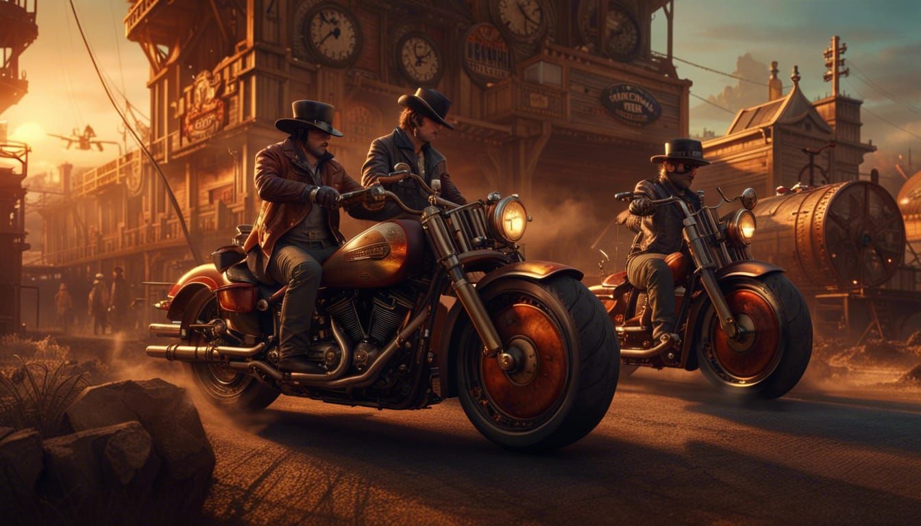 Steampunk Cowboy Sunset Ride: Detailed Matte Painting