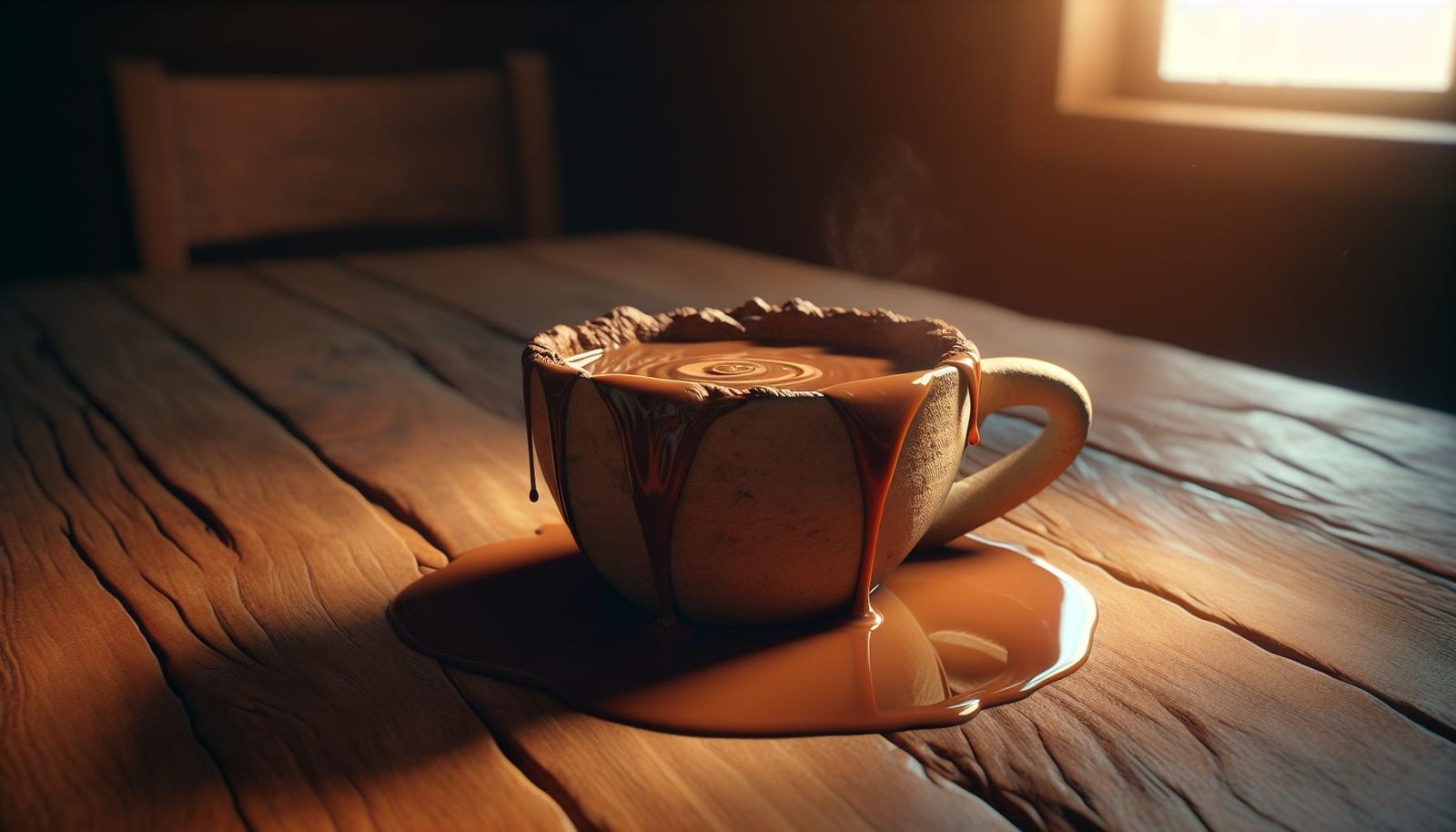 Steaming Cup Overflowing on Wooden Table