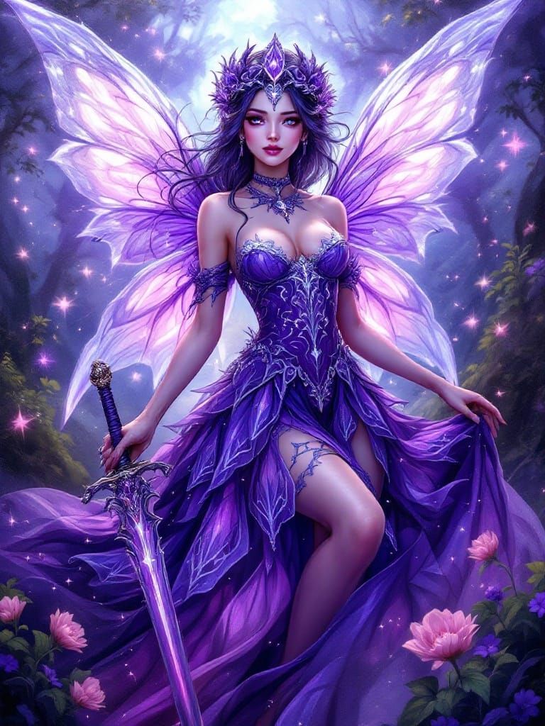 Surreal Anime Fairy in Lavender Robes Wields Glowing Sword