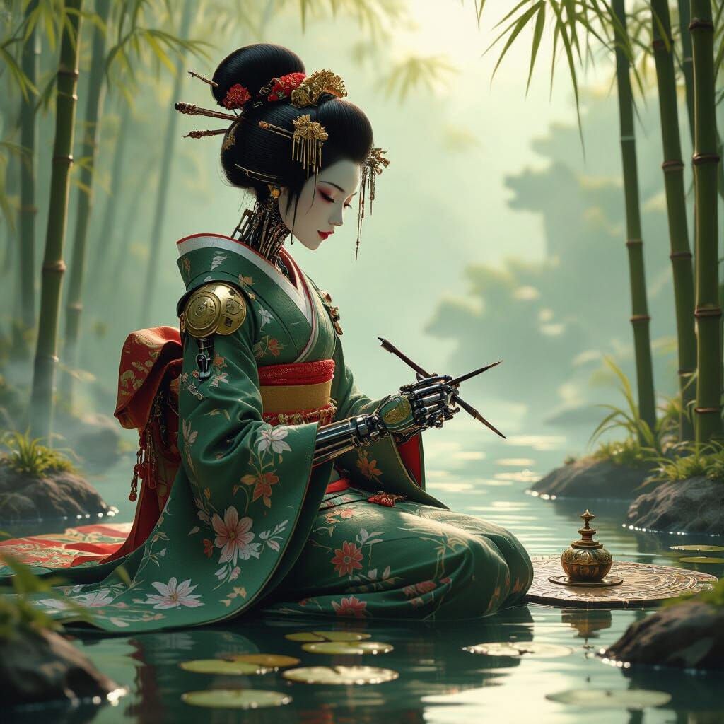 Cyborg Geisha in Steampunk Solarpunk Garden