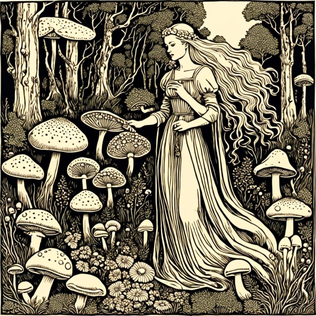 Druid Gathering Herbs: Medieval Woodcut Style