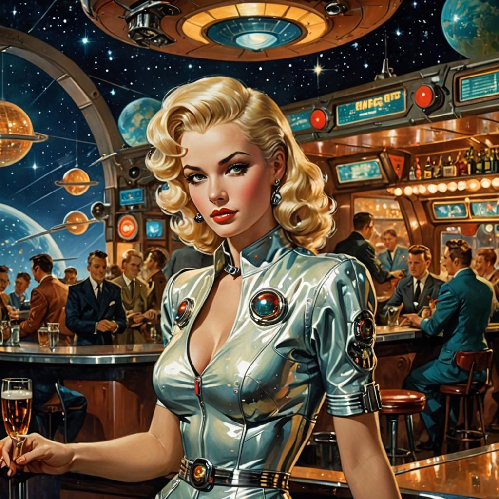 Retrofuturistic Singer in Space Station Bar