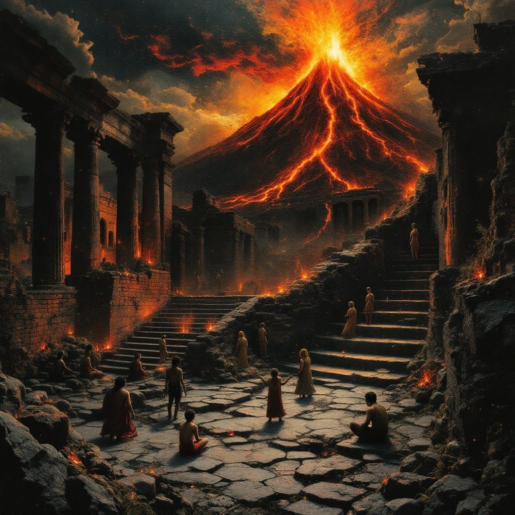 Pompeii Eruption Scene in Neo-Surrealist Style