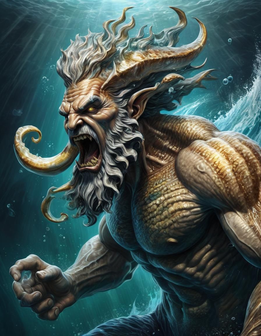 Triton Summons Sea Creatures: Colored Pencil Illustration