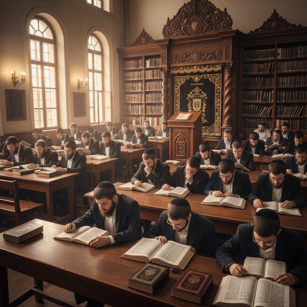 Jewish Scholars Studying Holy Books in Synagogue