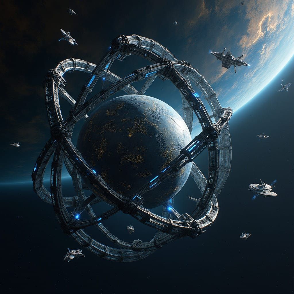 Spacecrafts Constructing a Futuristic Dyson Sphere