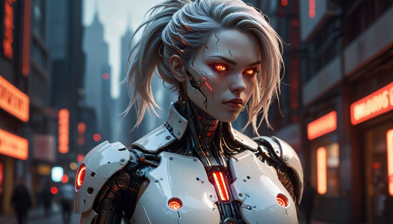 Realistic Gynoid with Cyberpunk City Background