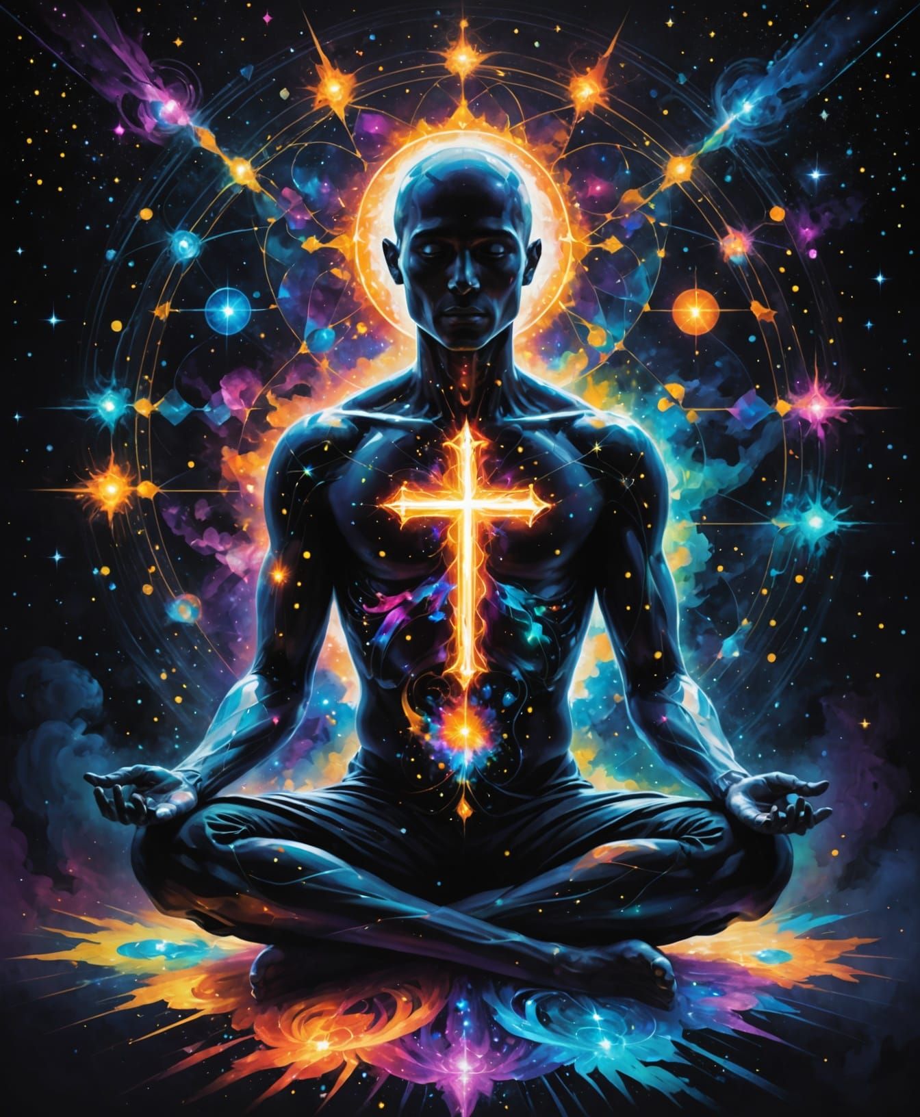 Cosmic Meditation: Ethereal Figure in Celestial Glow