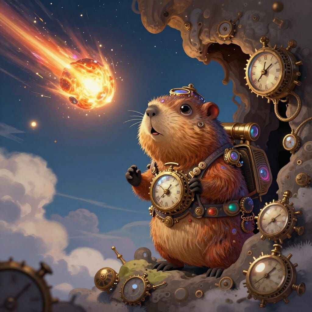 Steampunk Groundhog in Sky Hole Near Meteorite