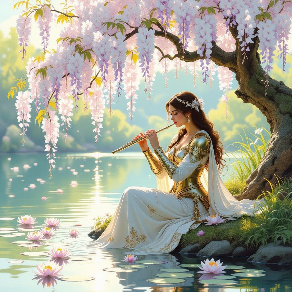 Armored Woman with Flute in Dreamy Lakeside Scene