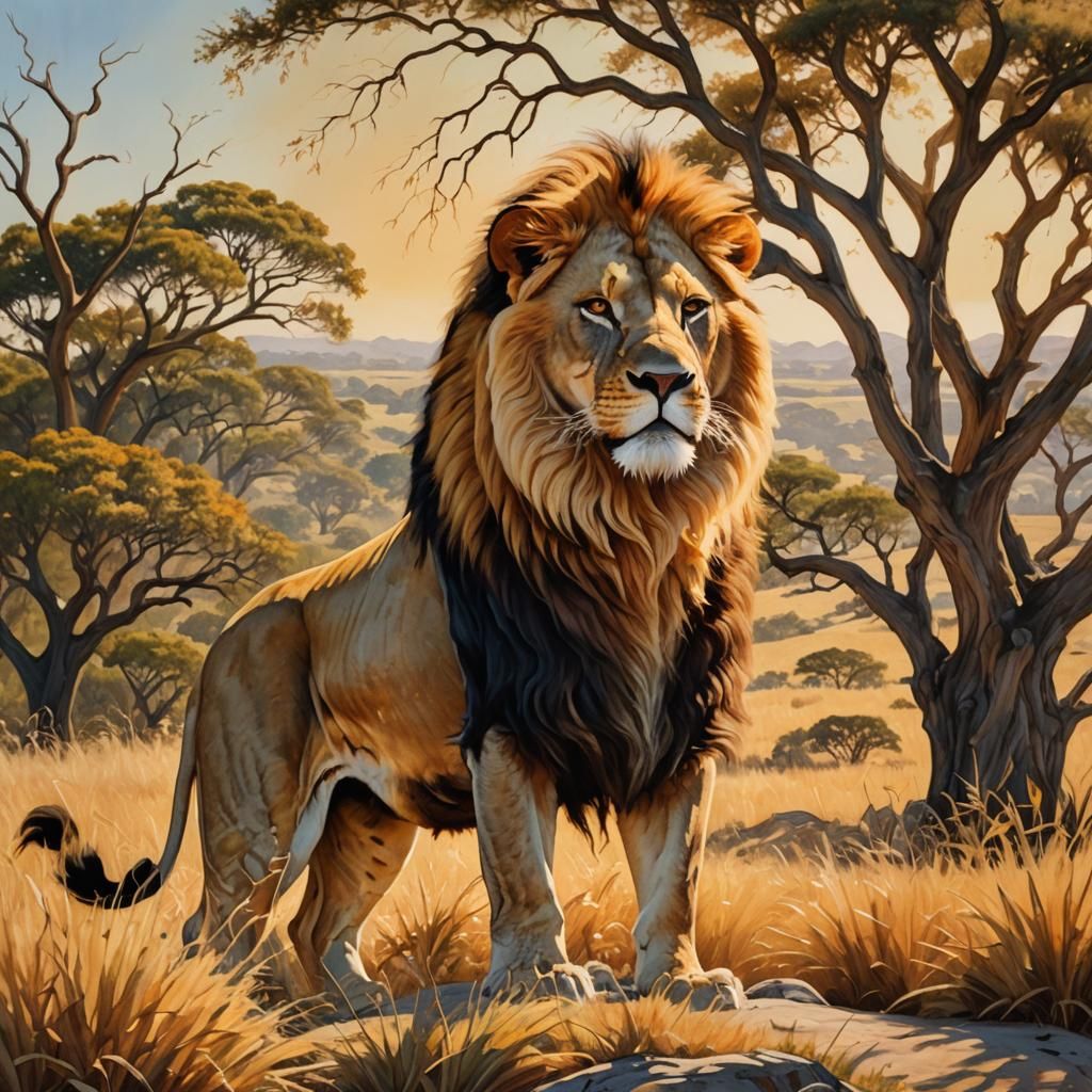 Lion King in Golden Light: African Savannah Oil Painting