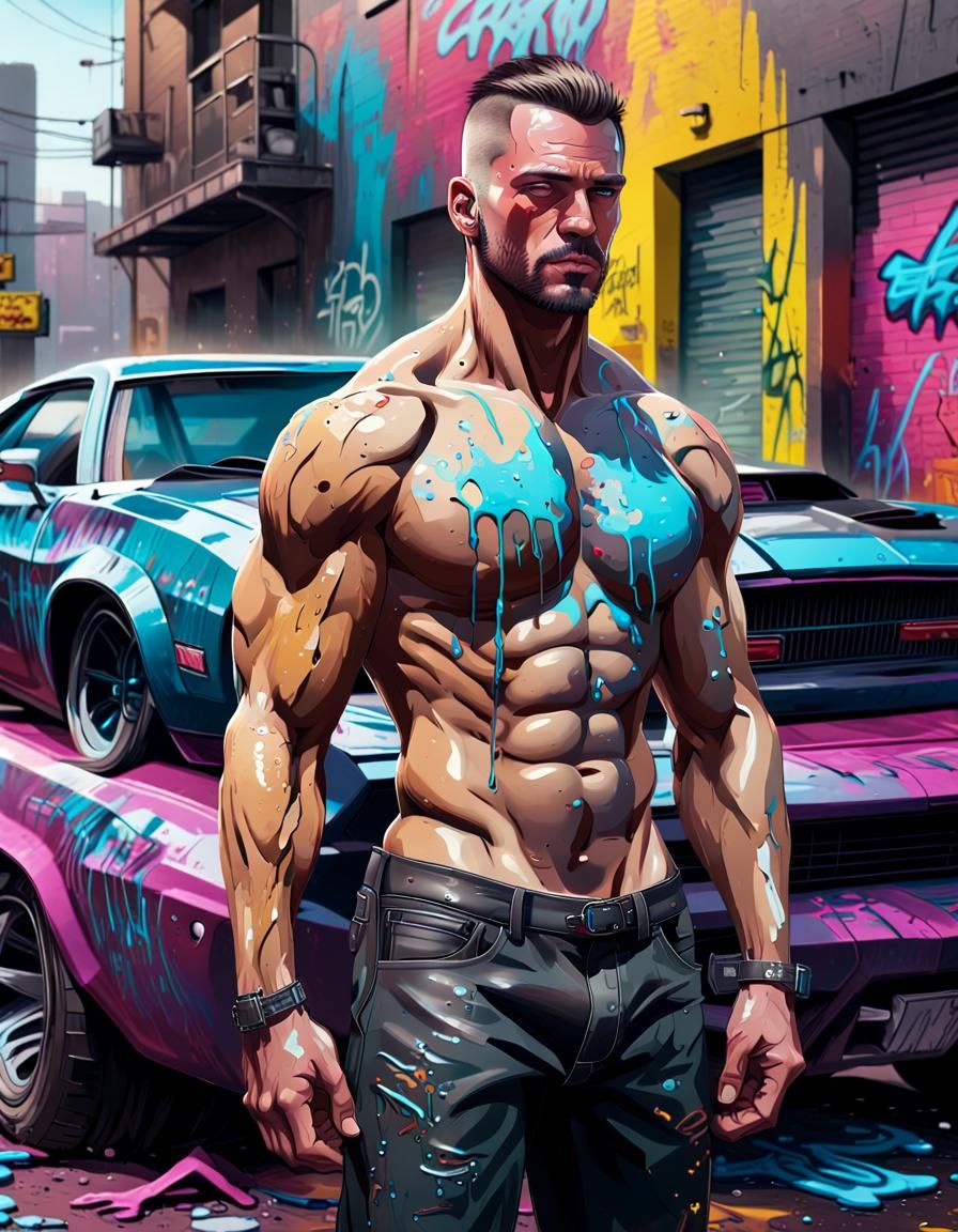 Cyberpunk Graffiti Art: Muscular Man with Muscle Car