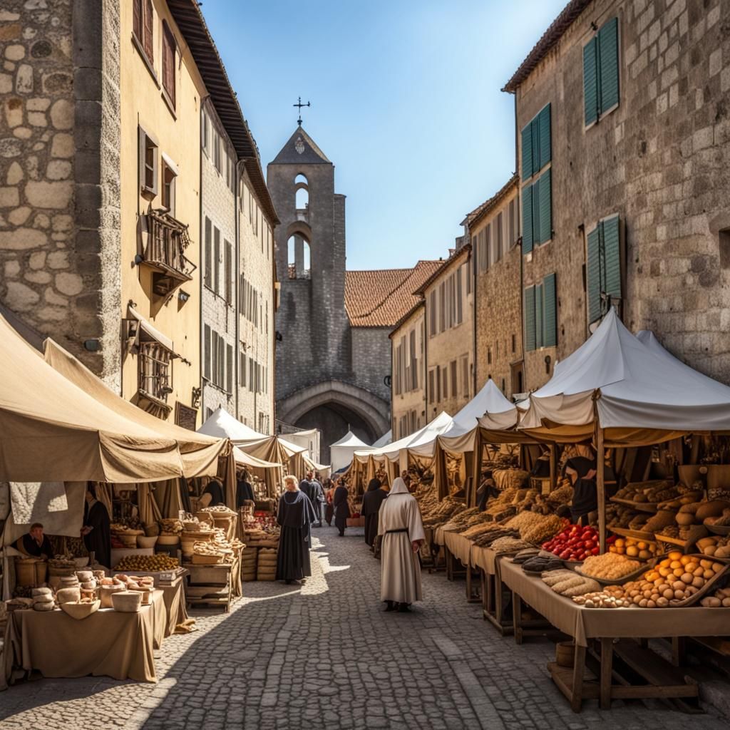 Bustling Medieval Market in Port City