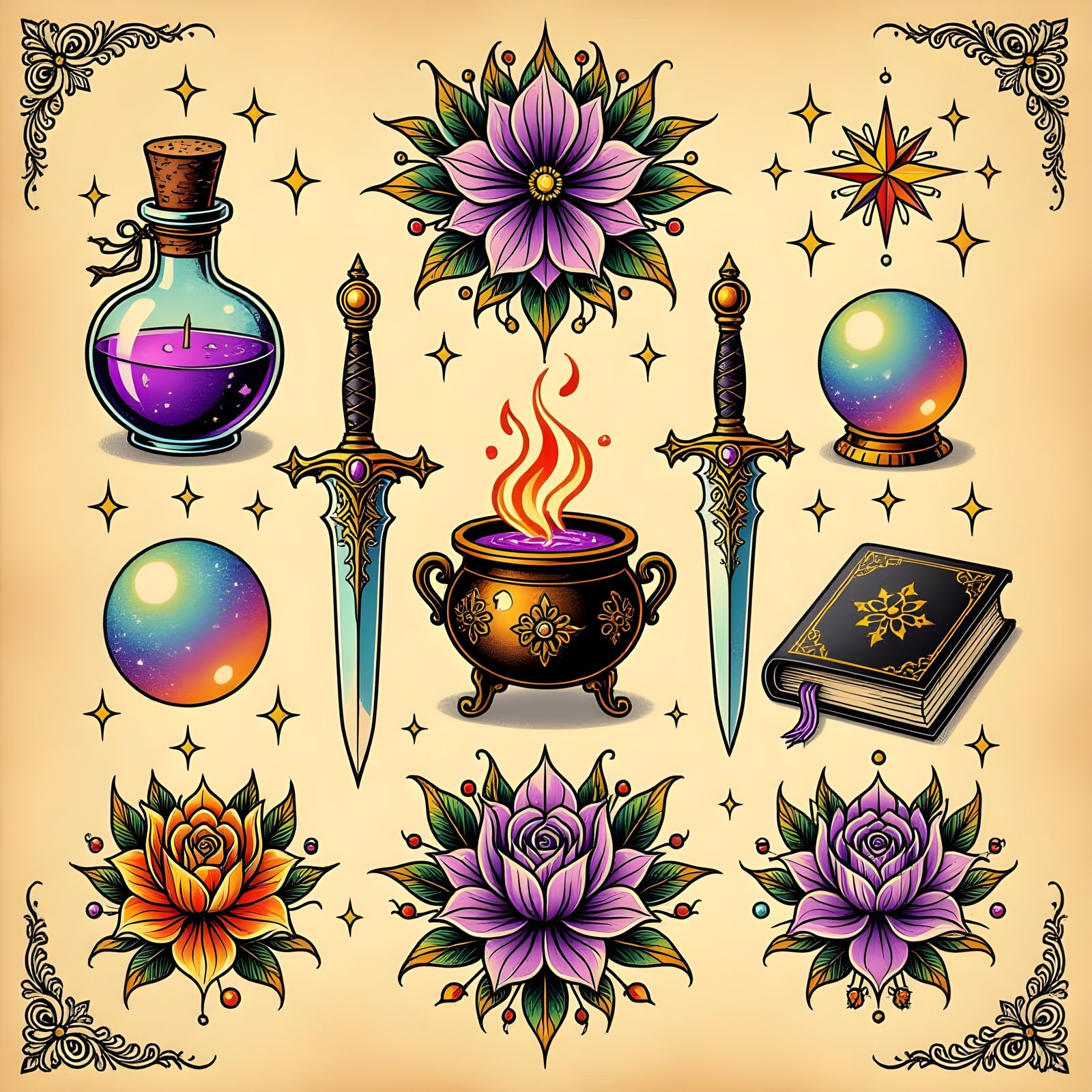 Vintage Tattoo Flash Sheet of Witchy Items