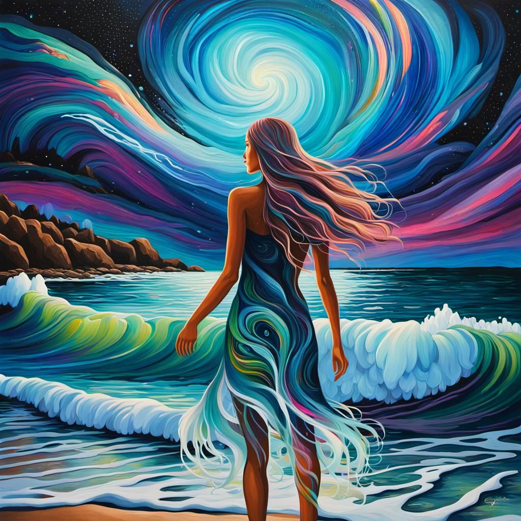 Bioluminescent Shore: Graffiti Art of Cosmic Woman