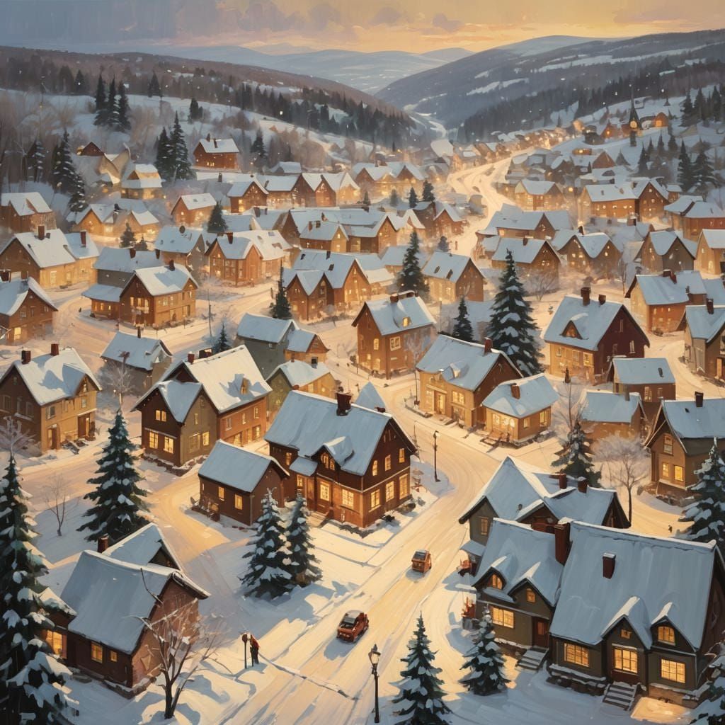 Snowy Town Aglow with Christmas Lights, Gurney Style