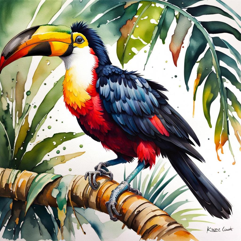 Toucan in Madagascar: Detailed Ink and Watercolor Painting